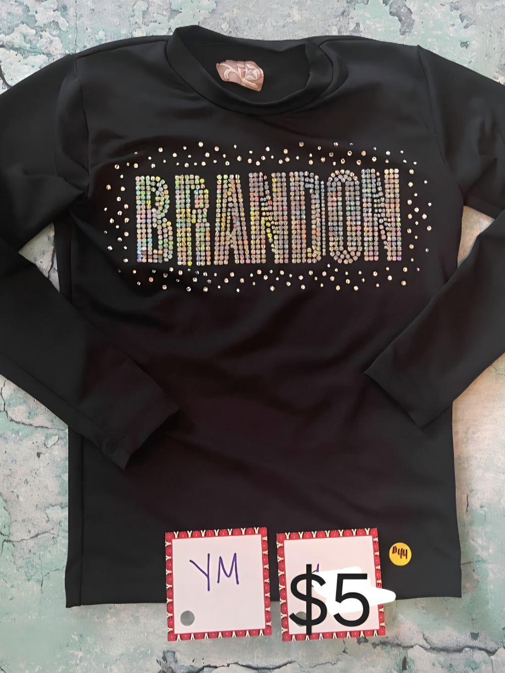 Youth Medium Black Rhinestone 'BRANDON' Long Sleeve Top